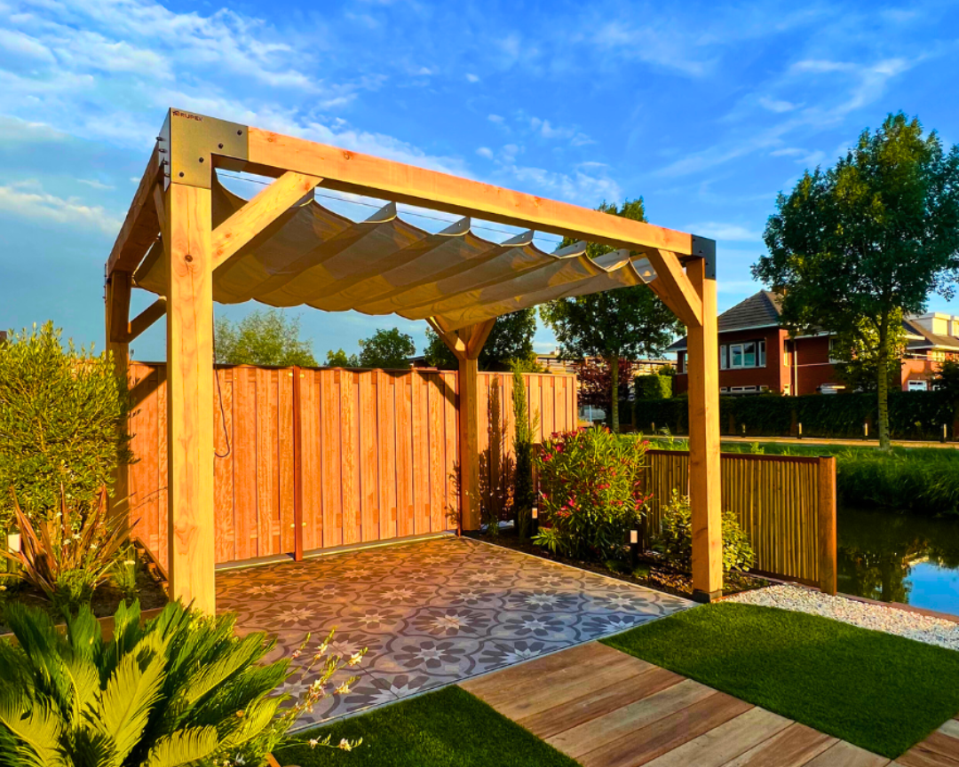 Pergola hout pakket met Harmonicadoek zonwering - Rijpex