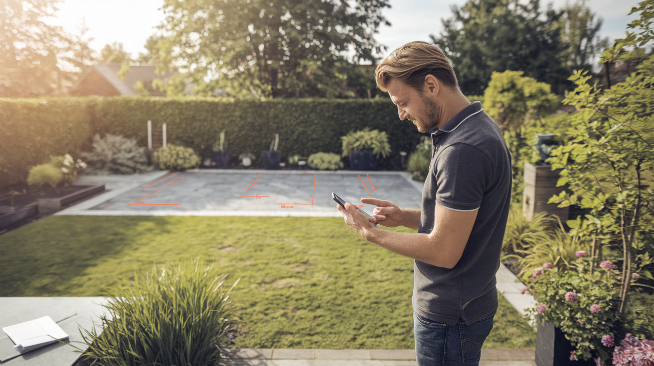 vraagt offerte aan voor houten pergola via smartphone, met ingetekende afmetingen op terras in een tuin